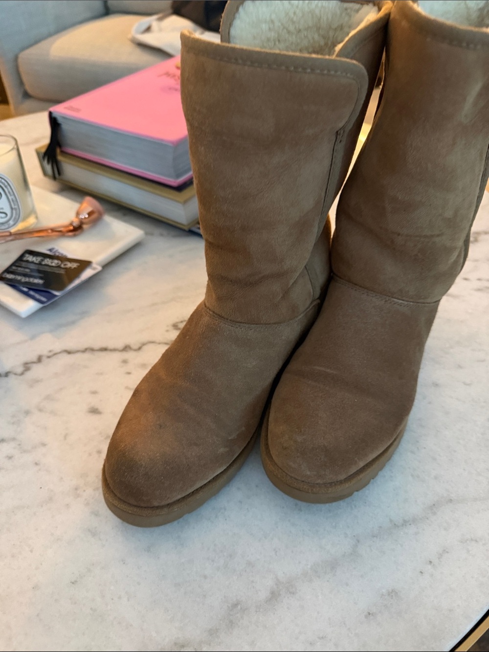 UGG Classic Mid-Calf Suede Shearling Boots in Tan
